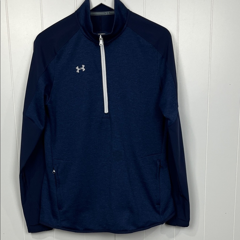 Under Armor Mens Cold Gear Jacket L Navy Blue White 1/2 Front Zip Pockets EUC